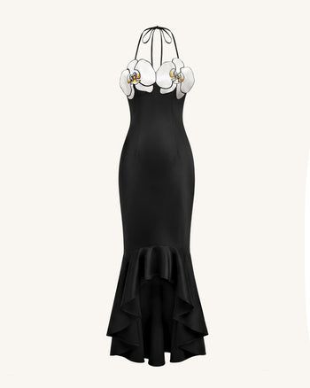 High-Low Midi-Kleid mit Orchideen-Stickerei - Schwarz