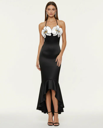 High-Low Midi-Kleid mit Orchideen-Stickerei - Schwarz