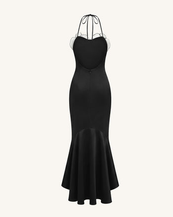 High-Low Midi-Kleid mit Orchideen-Stickerei - Schwarz