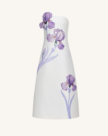 Iris Trägerloses A-Linien Maxi-Kleid mit Blumendruck – Weiß