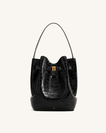 Clara Schloss-Akzent Beutelschultertasche - Schwarz Kroko