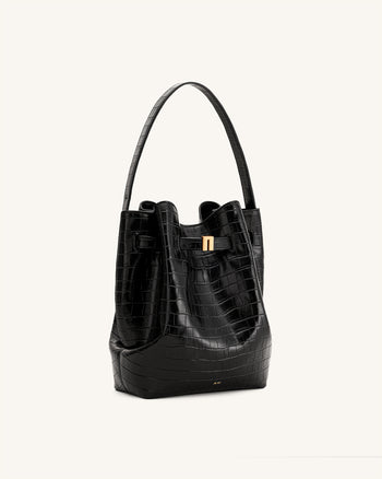 Clara Schloss-Akzent Beutelschultertasche - Schwarz Kroko