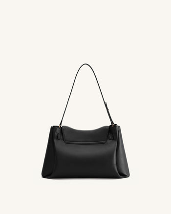 Rhea Schultertasche mit doppelter Schnalle und Narbenlederstruktur - Schwarz
