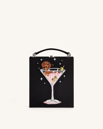 Taya Clutch-Tasche in Buchform mit Weinglas-Welpenmuster - Schwarz