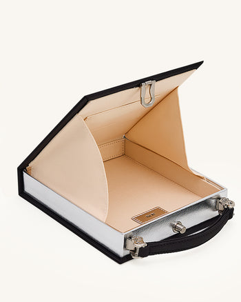 Taya Clutch-Tasche in Buchform mit Weinglas-Welpenmuster - Schwarz