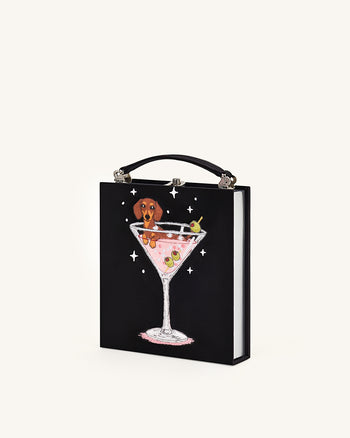 Taya Clutch-Tasche in Buchform mit Weinglas-Welpenmuster - Schwarz