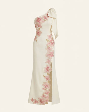 One-Shoulder-Maxikleid mit Blumenbestickung - Elfenbein