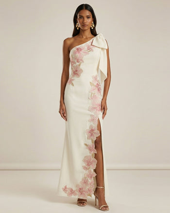 One-Shoulder-Maxikleid mit Blumenbestickung - Elfenbein