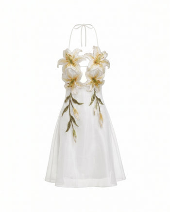 Neckholder-Minikleid mit Lilienbestickung - Weiß