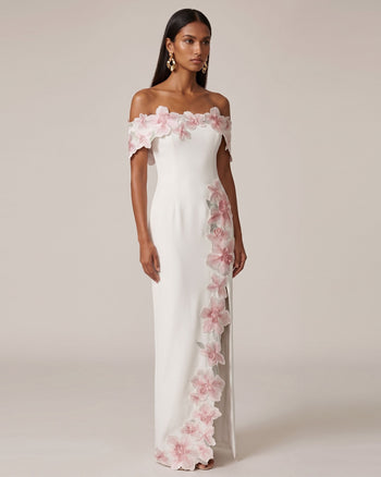 Schulterfreies Maxikleid mit Blumenbestickung - Elfenbein