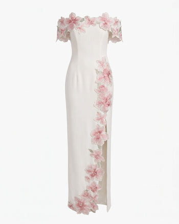 Schulterfreies Maxikleid mit Blumenbestickung - Elfenbein