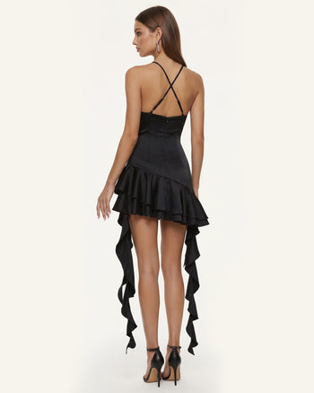 Mini-Kleid mit Orchideen-Stickerei und Rüschensaum - Schwarz