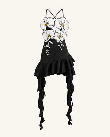 Mini-Kleid mit Orchideen-Stickerei und Rüschensaum - Schwarz