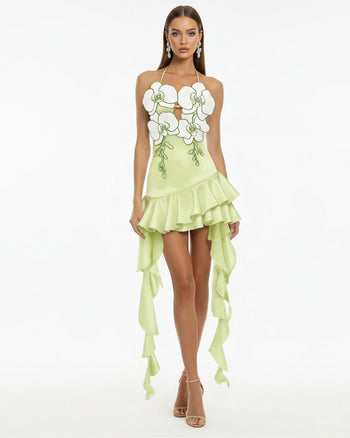 Mini-Kleid mit Orchideen-Stickerei und Rüschensaum - Hellgrün