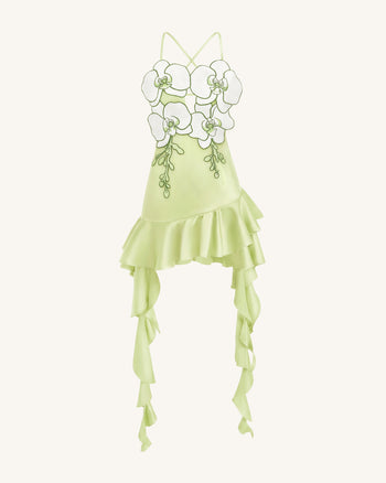 Mini-Kleid mit Orchideen-Stickerei und Rüschensaum - Hellgrün