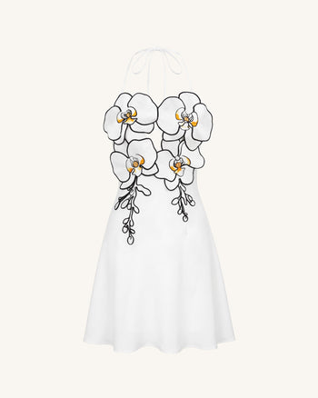 Neckholder-Mini-Kleid mit Orchideen-Stickerei - Weiß