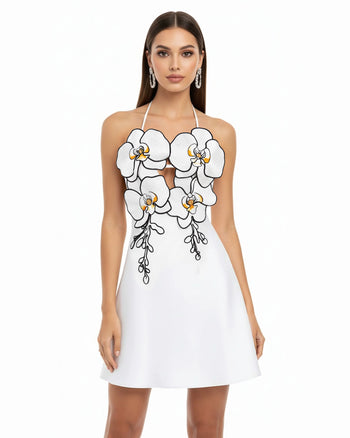Neckholder-Mini-Kleid mit Orchideen-Stickerei - Weiß