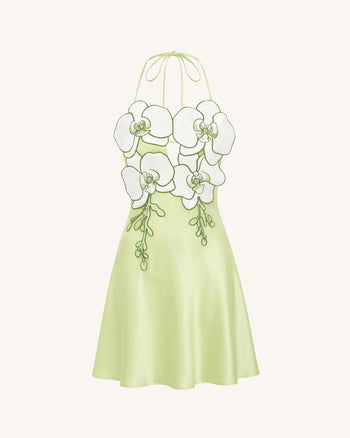 Neckholder-Mini-Kleid mit Orchideen-Stickerei - Hellgrün