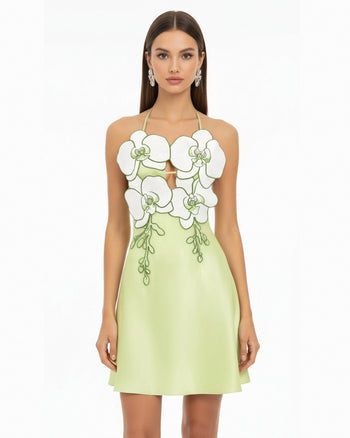 Neckholder-Mini-Kleid mit Orchideen-Stickerei - Hellgrün