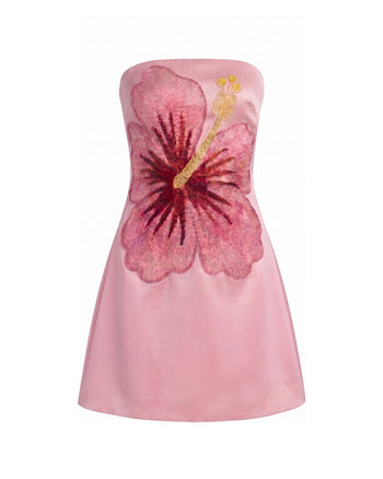 Besticktes Hibiskus-Bandeau-Minikleid - Pink