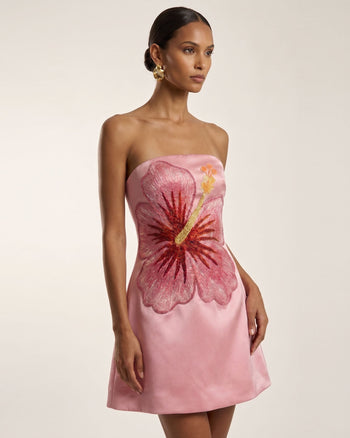 Besticktes Hibiskus-Bandeau-Minikleid - Pink