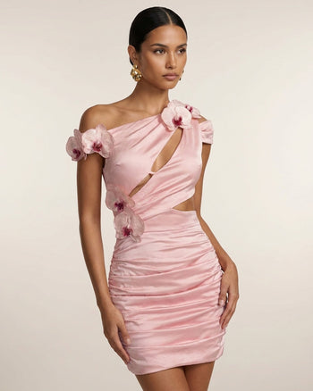 Besticktes Orchideen-Minikleid mit Cut-outs und Raffung - Zartrosa