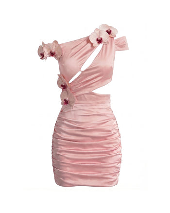 Besticktes Orchideen-Minikleid mit Cut-outs und Raffung - Zartrosa