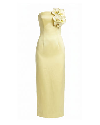 Trägerloses Maxikleid mit Orchideenverzierung - Gelb