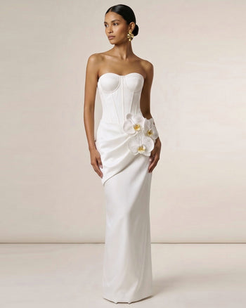 Orchideenverziertes Korsett-Maxikleid - Weiß