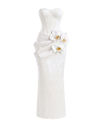 Orchideenverziertes Korsett-Maxikleid - Weiß