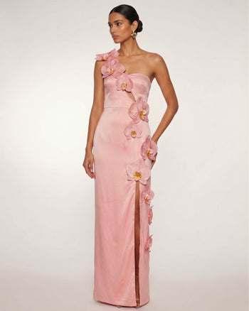 Orchideenverziertes Maxikleid mit Cut-outs und Schlitz - Zartrosa