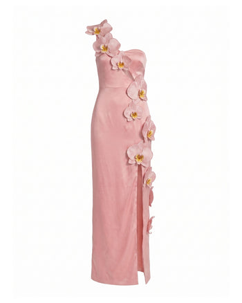 Orchideenverziertes Maxikleid mit Cut-outs und Schlitz - Zartrosa