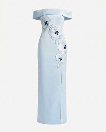 Schulterfreies Maxikleid mit Orchideenbestickung - Blau