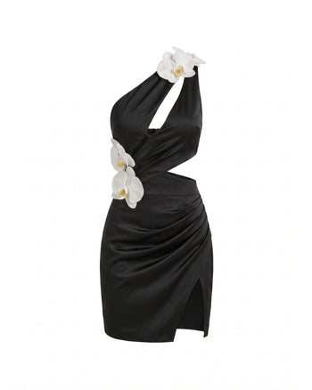 Orchideenverziertes Minikleid mit Cut-outs - Schwarz