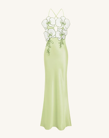 Orchideenbesticktes Kleid - Hellgrün/Elfenbein