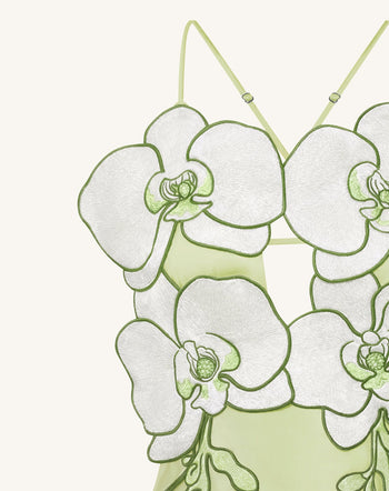 Orchideenbesticktes Kleid - Hellgrün/Elfenbein