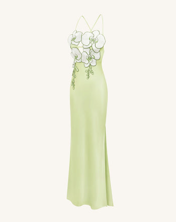 Orchideenbesticktes Kleid - Hellgrün/Elfenbein