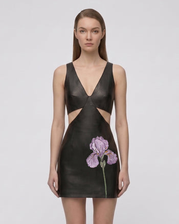 Iris Bodycon-Minikleid aus Leder mit Blumen-Cut-out – Schwarz