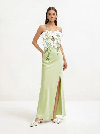 Orchideenbesticktes Kleid - Hellgrün/Elfenbein