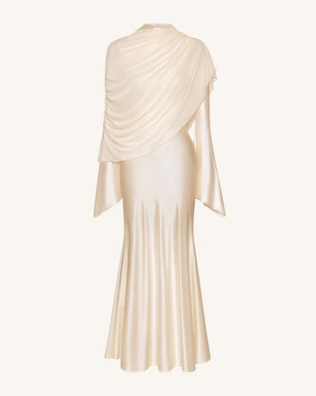 Durchsichtiges Schal-Maxikleid mit Raffung und Bodycon-Schnitt - Creme