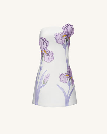 Schulterfreies Kleid mit Irisblumenmuster – Weiß