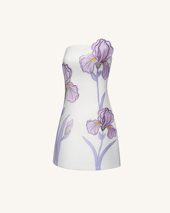 Schulterfreies Kleid mit Irisblumenmuster – Weiß
