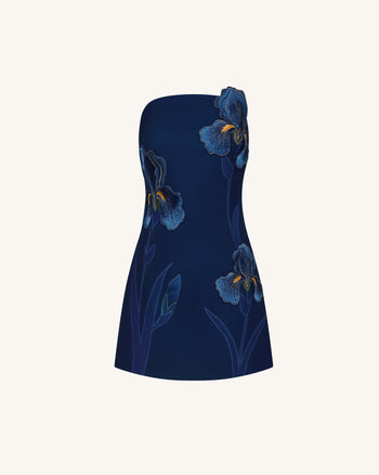Iris Blumendruck Trägerloses Kleid – Marineblau