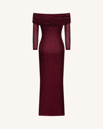 Strass-Netz-Off-Shoulder Maxikleid - Weinrot