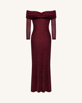 Strass-Netz-Off-Shoulder Maxikleid - Weinrot