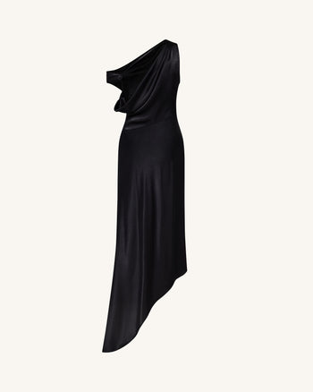 Satiniertes, drapiertes asymmetrisches One-Shoulder-Kleid - Schwarz