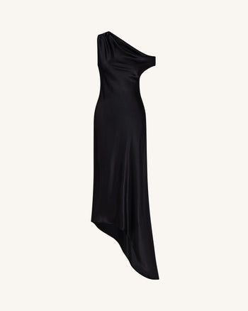 Satiniertes, drapiertes asymmetrisches One-Shoulder-Kleid - Schwarz