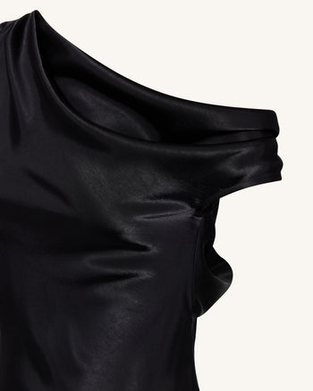 Satiniertes, drapiertes asymmetrisches One-Shoulder-Kleid - Schwarz