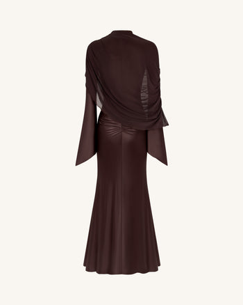 Transparenter Schal Gerafftes Figurbetontes Maxikleid - Braun