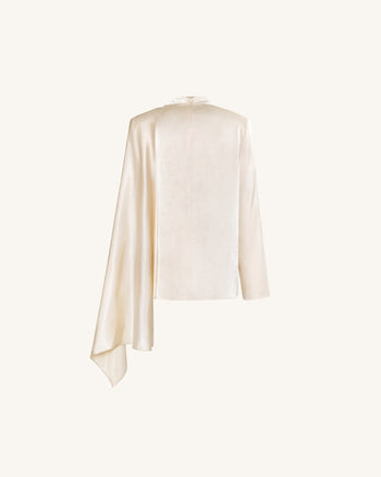 Asymmetrisches Cape-Oberteil mit hohem Kragen und Drapierung - Creme
